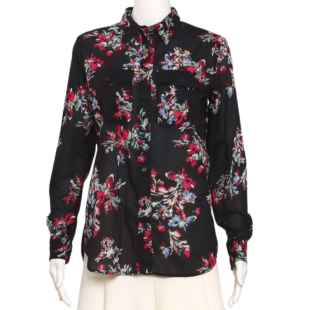 Ralph Lauren Long Sleeve Button Up Blouse Black Floral XL Preowned